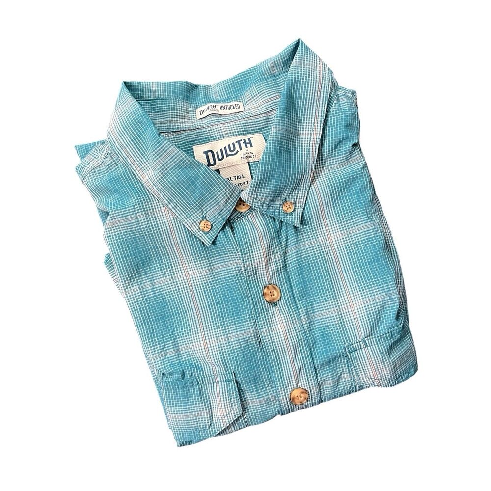 Duluth Trading Co. Shirt Mens XLT Teal Blue Short Sleeve Button Front Nylon